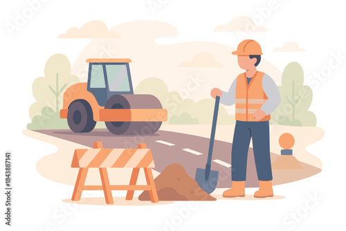 Road construction worker with equipment and safety gear in flat style
