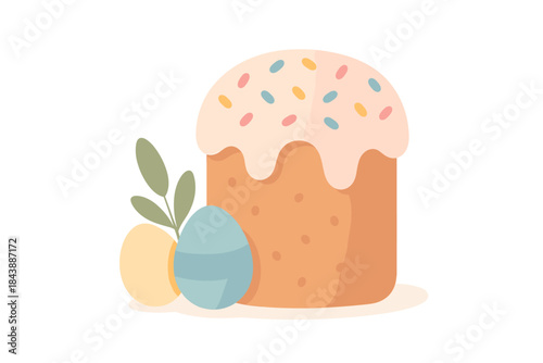 Festive easter cake with icing and decorative eggs in pastel colors