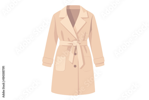 Classic beige trench coat with belt on white background