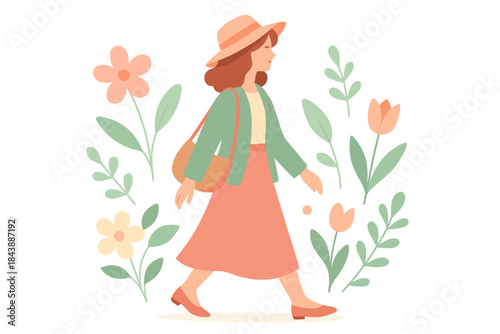 Springtime walk with floral surroundings and pastel tones in flat design