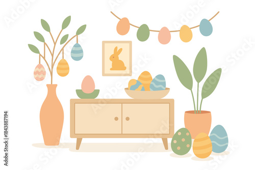 Easter themed home decor in pastel tones featuring eggs, bunny artwork, and indoor plants