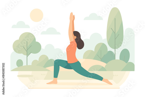 Woman practicing yoga in nature with morning sun and trees in background