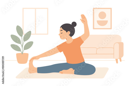 Woman practicing yoga at home: calm and relaxation in flat design