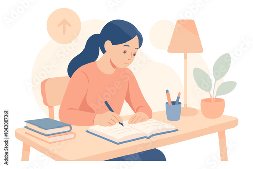 Cozy study setting with woman writing at desk in minimalist style
