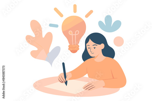 Creative woman writing and generating ideas with light bulb inspiration