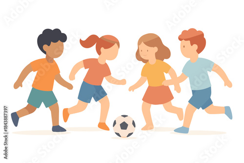 Children playing soccer in flat style with diverse group of happy kids