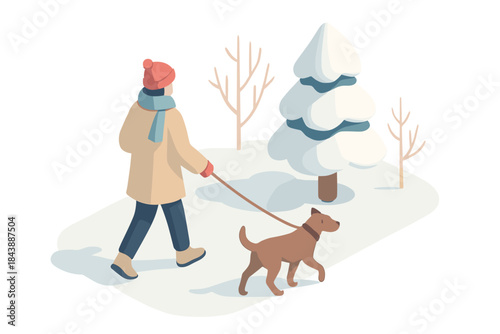 Winter walk with dog in isometric style by snow-covered trees