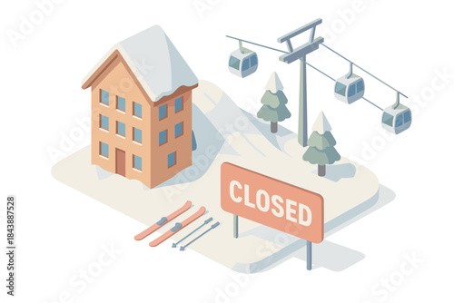 Isometric ski resort shutdown: snowy chalet and idle cable cars in winter scene