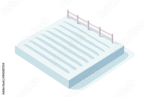 Isometric winter field with snowdrift patterns and fence in minimalist style
