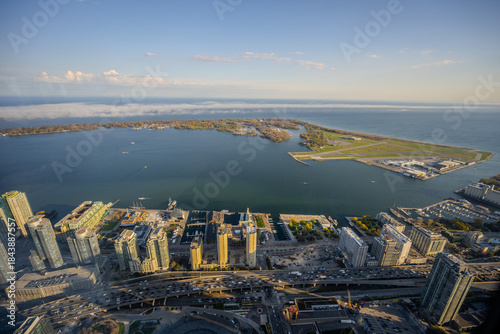 Photography Aerial view of downtown waterfront and Billy Bishop Toronto City Airport in Toro
