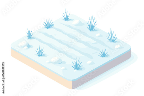 Isometric winter landscape with snow-covered field and sparse vegetation