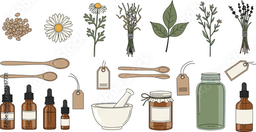 Hand-drawn herbal medicine and cosmetic set, including essential oils, lavender, chamomile, mortar and pestle, spoons, jars, and plant ingredients vector illustration.
