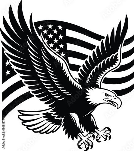 American Eagle with USA Flag Black and White Vector Patriotic Illustration