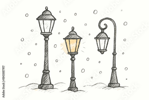 Charming winter street lamps with snowfall in sketch style