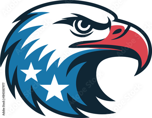 American Bald Eagle Head Logo with Stars, Patriotic USA Vector Emblem Illustration