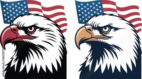 American Bald Eagle Head with USA Flag Vector Illustration, Patriotic Freedom Symbol Logo Design