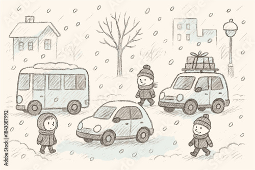 Winter scene with kids and cars in snowy sketch style