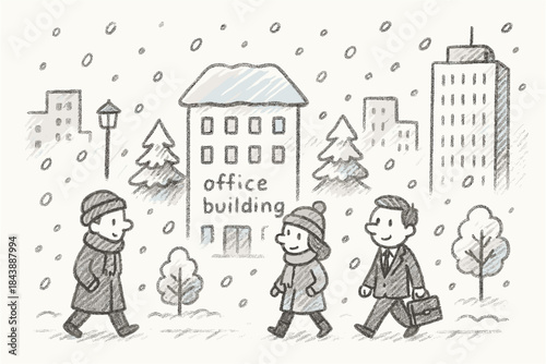 Chalk style winter city scene with people walking near office building