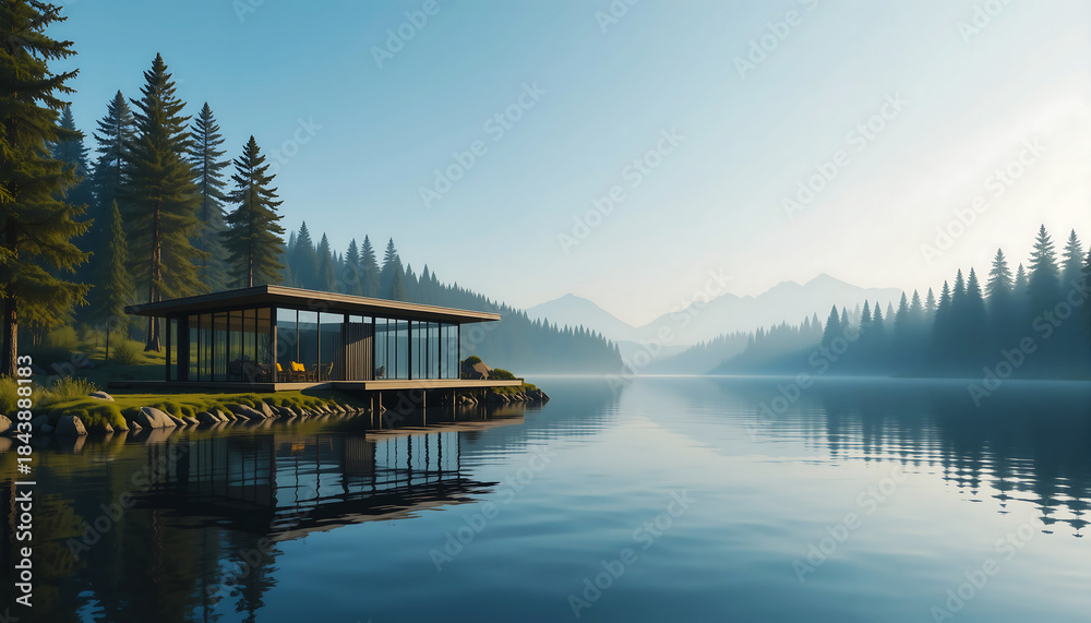 Fototapeta premium Serene lakeside cabin in mountainous forest