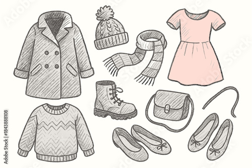 Charming pencil sketch of winter and casual clothing collection