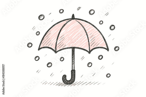 Pink hand drawn umbrella with raindrops on white background