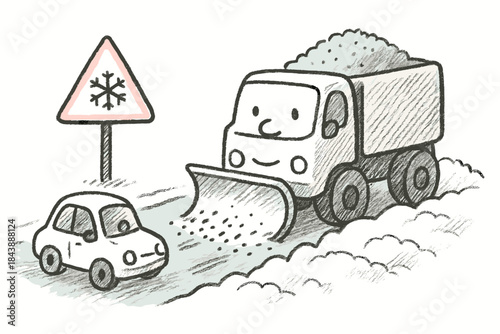 Cute hand drawn snow plow truck clearing road with car and snowflake sign