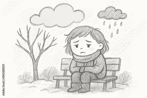Sad child on a bench in rain: sketch style artwork with clouds and bare tree