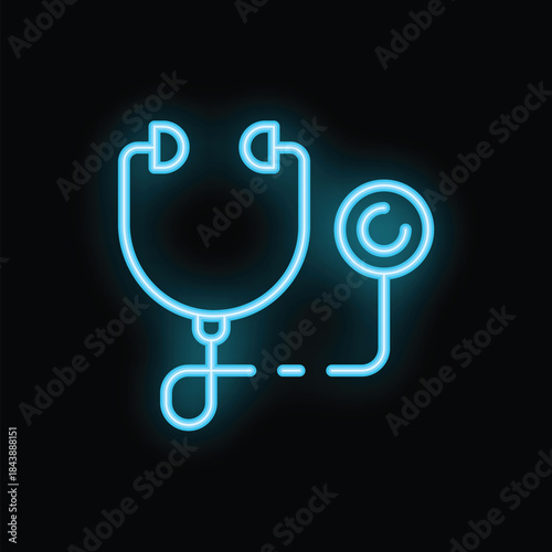 Blue neon sign depicting stethoscope and sphygmomanometer on black background