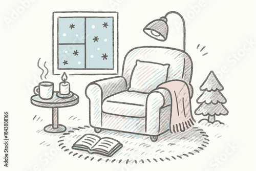 Cozy winter scene with armchair, coffee, and candle in hand-drawn style