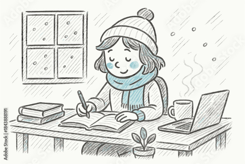 Cozy winter scene with young girl writing in notebook at home with snowy window view