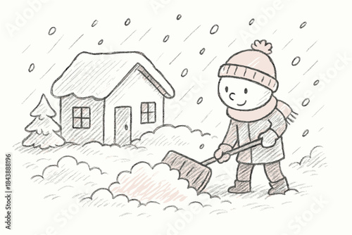 Cozy winter scene with child shoveling snow near cabin in hand-drawn style