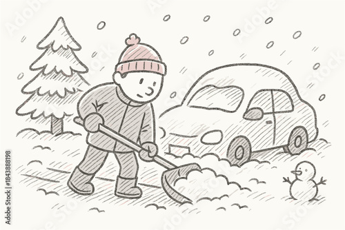 Child shoveling snow in winter scene with snowman and car in chalk sketch