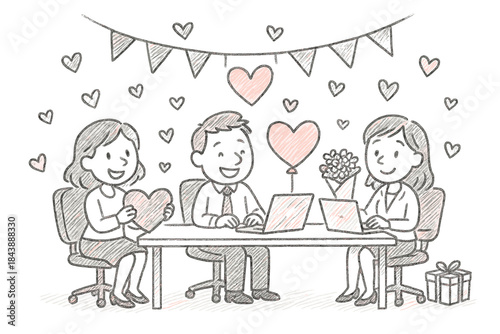 Charming office romance: sketch of coworkers celebrating valentine's day with hearts and gifts