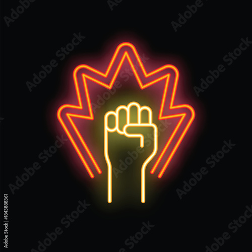 Neon sign of a fist glowing with power and strength, a symbol of resistance, revolution, or protest