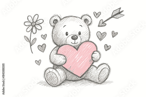 Cute sketch teddy bear holding heart with hearts and flowers
