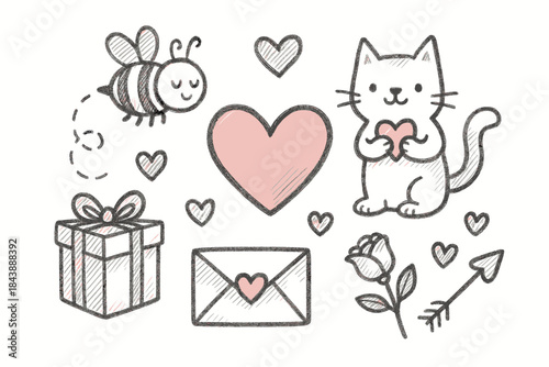Cute hand drawn valentine's elements with cat, bee, and hearts