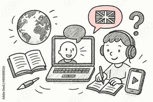 Child learning english online with laptop and headphones in hand-drawn style