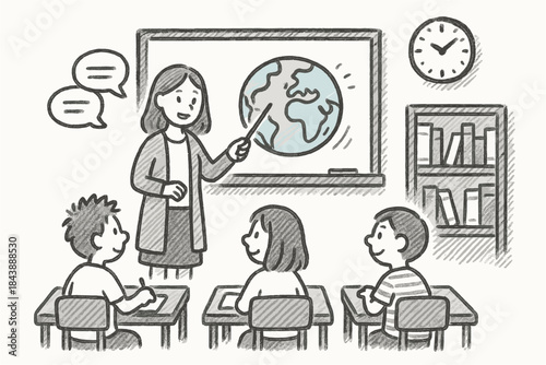 Chalkboard classroom scene with teacher and students learning geography