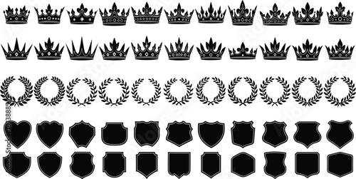 Royal Crown, Laurel Wreath, and Shield Silhouette Vector Set, Heraldic Symbols, King, Queen, Victory, and Emblem Graphic Collection.
