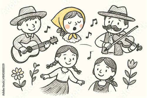Whimsical folk music ensemble with singing and dancing characters in sketch style