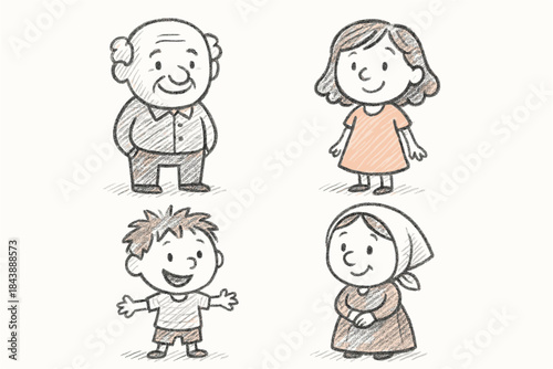 Charming cartoon family: sketch style portraits of grandfather, grandmother, child, and mother