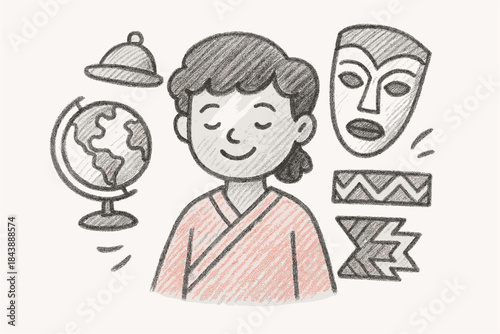 Sketch style cultural diversity: person with globe, mask, and tribal patterns