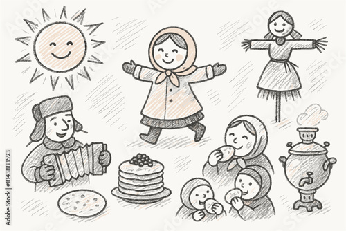 Traditional family enjoys pancakes in hand-drawn style with cheerful sun