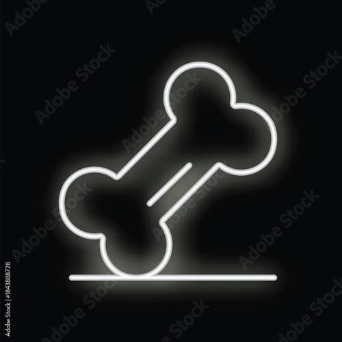White neon sign showing a simple dog bone symbol, lying on the ground, on black background