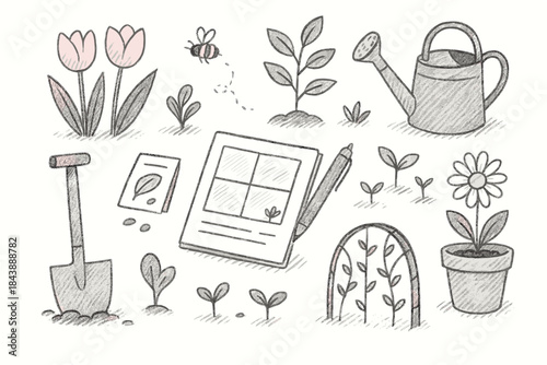 Hand drawn gardening elements with plants, tools, and flowers