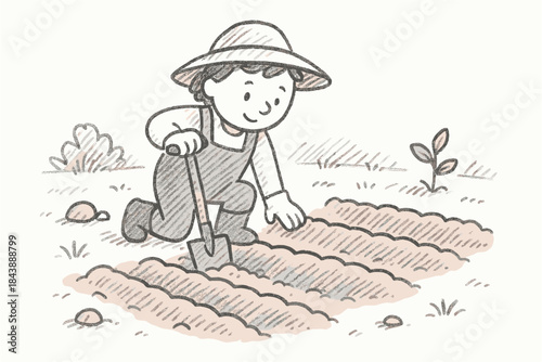 Child gardening in rustic sketch style with shovel and seedlings