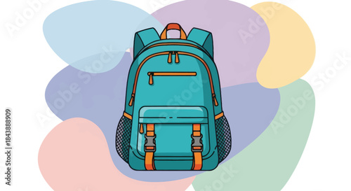 Turquoise backpack with orange accents against a colorful abstract background.