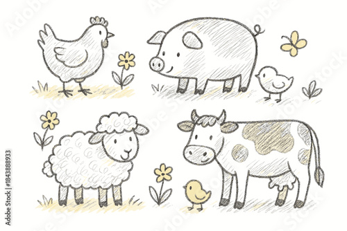 Charming farm animal sketches with chickens, cow, pig, and sheep in pastel tones