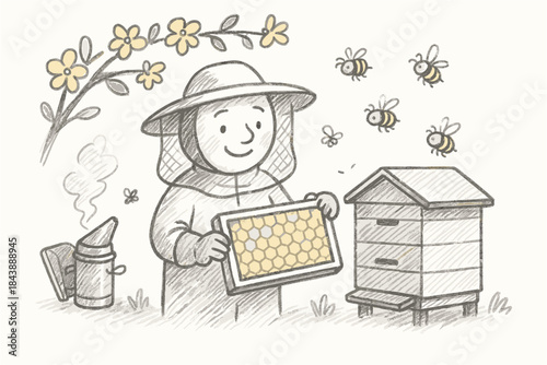 Beekeeper with beehive and honeycomb in hand-drawn style