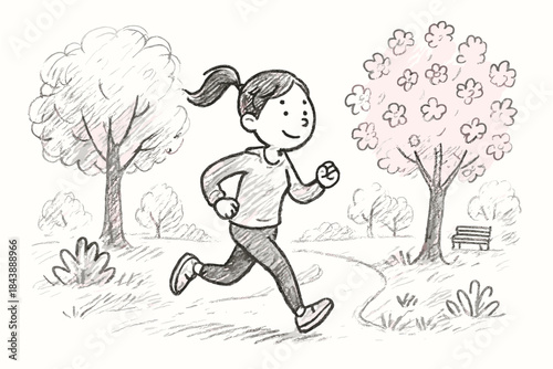 Whimsical hand drawn style of running girl in blossoming park scene